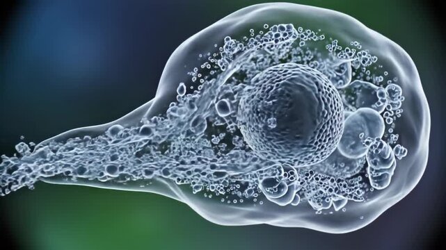 Microscopic amoeba cell with internal nucleus and vacuoles undergoing cytoplasmic streaming and pseudopod formation in a scientific 3D render, illustrating cellular biology and movement