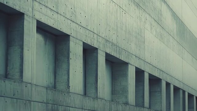 Raw concrete brutalist architecture creating a modern abstract pattern on a building facade with textured walls and deep window recesses, emphasizing geometric shapes and shadows