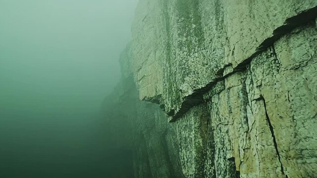 Towering rock formation featuring rugged texture and rocky surfaces, extending into a thick, enveloping fog creating a feeling of atmospheric uncertainty and natural profundity
