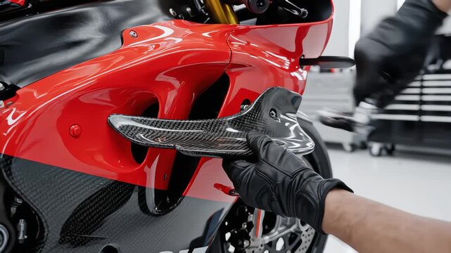 Close-up of professional mechanic hands installing a carbon fiber aerodynamic winglet on a red sport motorcycle fairing using a wrench in a garage workshop