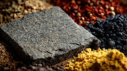Spices abound Yellow powder, brown granules, black peppercorns create an aromatic, visually rich culinary scene