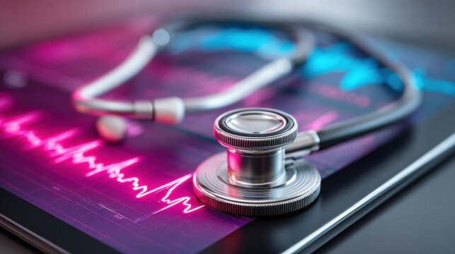 Stethoscope resting on a tablet displaying a medical graph.