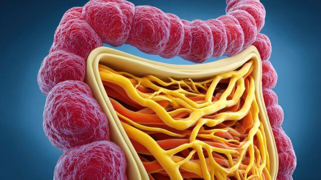 Anatomical illustration of the human colon and its internal structures