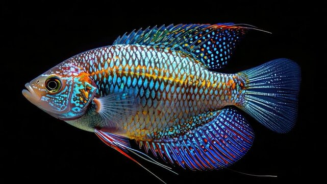 Vivid tropical fish against a black background, with detailed scale pattern