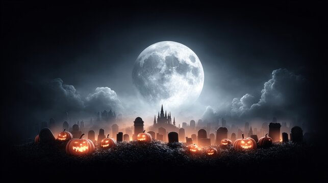Spooky Halloween night scene with glowing pumpkins and a full moon