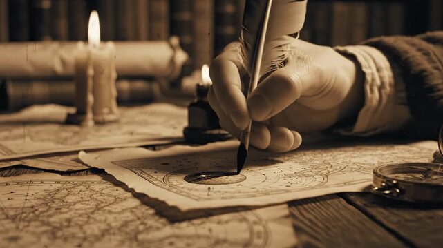 Hand writing on antique maps with quill by candlelight