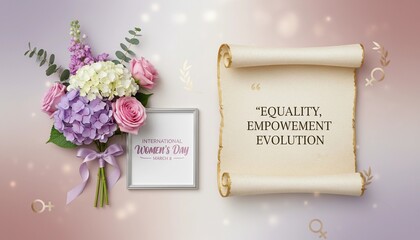 A bouquet of flowers next to a scroll with text celebrating International Women's Day 