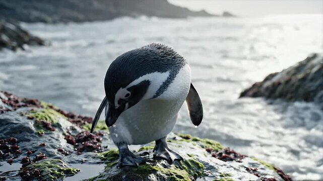 Magellanic Penguin Standing on Rocky Shoreline Preening its Feathers with Ocean Backdrop in South America Wildlife