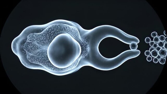 Microscopic amoeba cell with internal structures and pseudopods extending towards a cluster of smaller cells, illustrating cellular movement and biological processes in a dark, abstract scientific