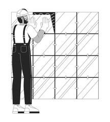 Skilled trade wall tiler installing ceramic tiles outline illustration. Kitchen bathroom renovation. Installer aligning panels 2D line character isolated on white. Monochrome vector ink linear image