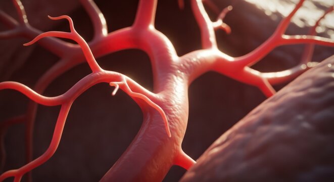 Close-up 3D rendering of red blood vessels, vein system, blood flow, anatomy, health. Medical artery concept.
