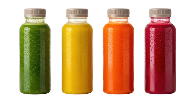four sleek, cold, cylindrical plastic bottles filled with dense, vibrant green, orange, and magenta cold-pressed juices lined up on a reflective white surface against a transparent background, concept