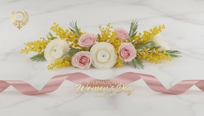 Elegant floral arrangement, designed for International Women's Day, with a soft pink ribbon