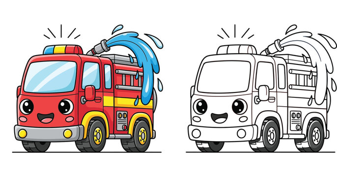 Cute cartoon firetruck spraying water vector illustration. Red fire engine character with coloring book page outline isolated on white background.