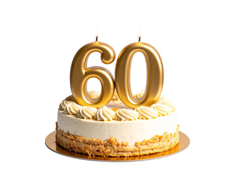 Celebration cake with large golden 60 numeral candles atop white frosting and crumb crust