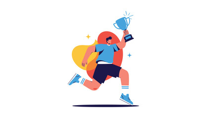 Fototapeta premium Happy athlete running while holding a championship trophy cup high in celebration of winning a sports competition and achieving a goal.