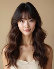 Fototapeta premium Young asian woman with long dark wavy hair and bangs poses indoors. Her smooth skin and light makeup emphasize her pretty face and calm expression. She wears a simple light colored top.