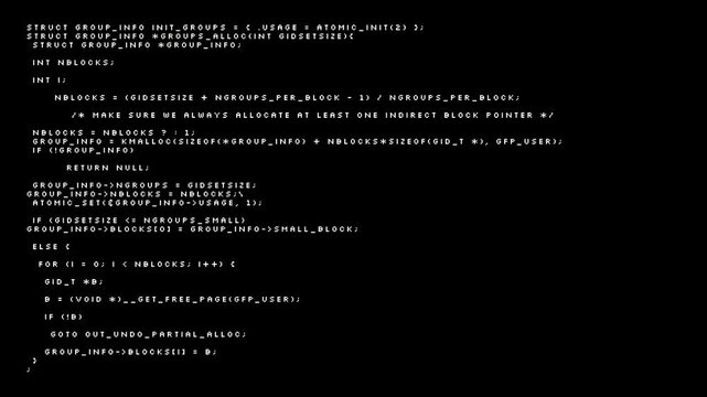 Scrolling white computer programming code on black background for cybersecurity and software development concepts