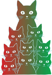 Obraz premium Ten Cats Stacked in Red Green and Brown Colors stacked cats