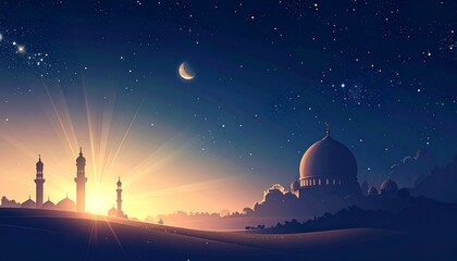 Obraz premium Serene Mosque Silhouette at Dawn during Ramadhan with Crescent Moon and Stars in the Night Sky