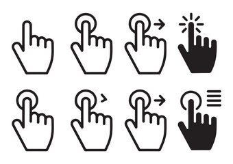 Obraz premium Collection of 8 hand icons in black and white showing touch gestures and screen interaction on white