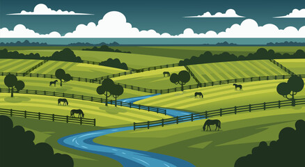 Obraz premium Beautiful rolling green hills with a winding blue river and grazing horses, a serene vector illustration of a rural landscape