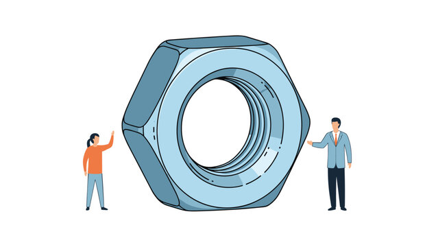 Two small business people standing next to a giant metal hexagonal nut represent industrial engineering, problem solving, and technical teamwork.