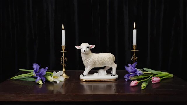 Display of a lamb statue with flowers and candles on a table in a dark setting
