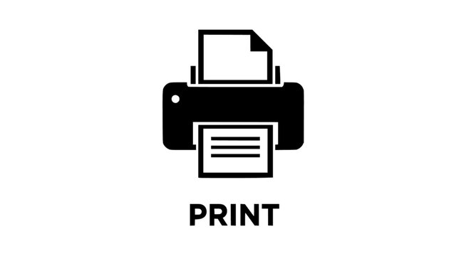 Simple black and white illustration of a printer device with a document being printed