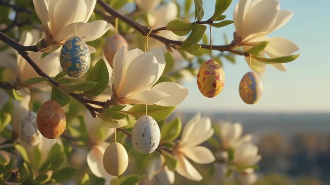 Colorful eggs hanging from a tree in spring sunlight during an outdoor celebration of Easter traditions