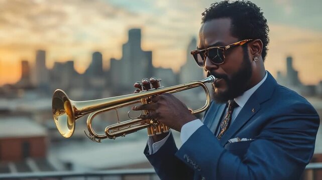 A solo trumpet player performing outdoors during an International Jazz Day celebration, with a city skyline in the background. International Jazz Day. World Jazz Festival. 