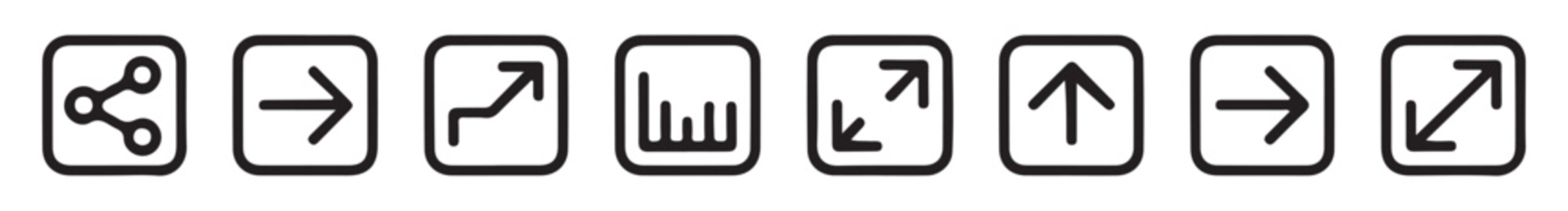 Business and finance icons: share arrow chart up graph arrows square box upload download pointer