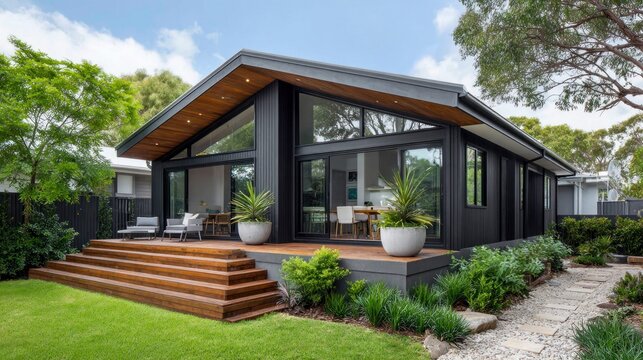 Modern black house with wooden deck and large windows in a landscaped yard