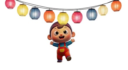 Fototapeta premium Excited toddler jumping under string of colorful lanterns