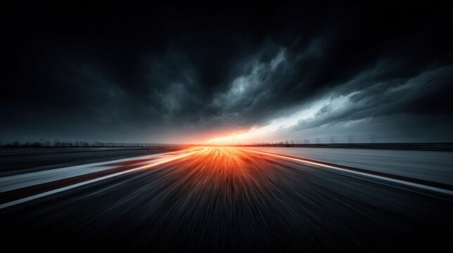 Dramatic highway perspective with motion blur and a fiery sunset