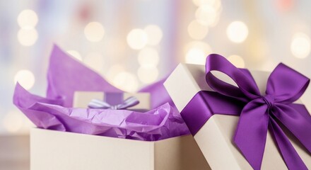 White Gift Boxes with Purple Ribbon.