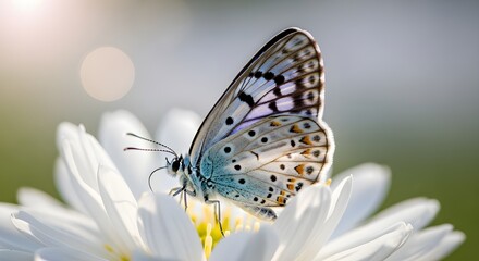 Obraz premium Blue Butterfly with Spotted Wings on White Flower Petals