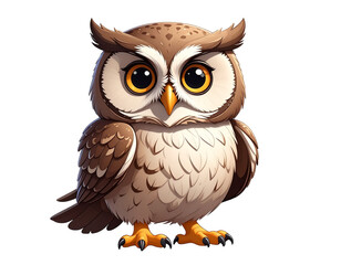 Obraz premium Charming cartoon owl mascot standing upright with wide amber eyes and soft brown feathers
