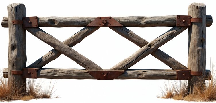 Old rustic wood fence gate with crossed timber supports and rusty metal hardware. Dry grass grows around thick wooden posts. This barrier provides separation for rural property.