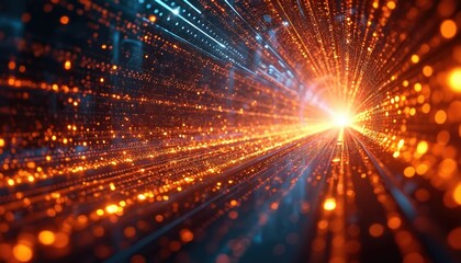 Fototapeta premium Abstract digital tunnel with glowing orange particles and blue light streaks. Endless cyberspace motion blur effect, data stream flow concept. Futuristic technology network background.