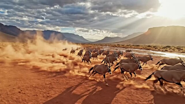 Herd of oryx running across desert plains kicking up dust, with dramatic clouds and sunlight in the background