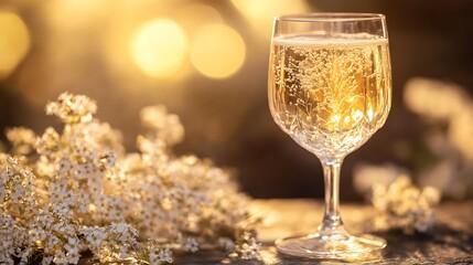 Elegant elderflower soda in crystal glass golden reflections