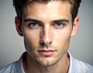 Obraz premium Portrait of a fair-skinned man, close-up, gazing at the viewer with direct, intense eyes