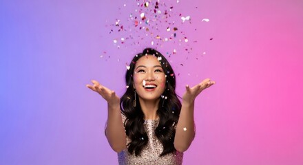 Woman Enjoying Confetti on Purple Pink Background.