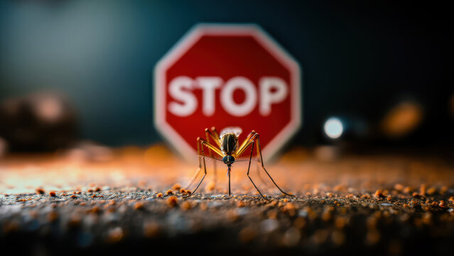 Mosquito with stop sign in background, disease prevention, vector control, chikungunya virus outbreak, Aedes mosquitoes threat, public health awareness, arbovirus transmission