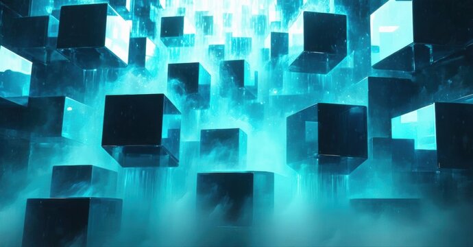 Abstract digital art. Cubes float within glowing blue mist. Dramatic lighting creates futuristic scene. Minimalist composition, dark background.