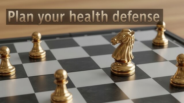 Golden chess knight and pawn on board, strategic health defense