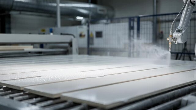 Automated robotic arm precisely applying primer on wooden panels ensuring smooth base coating for enhanced adhesion and durability in industrial wood finishing processes.