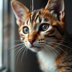 A single tear of rain rolls down glass, mirrored in a tranquil feline stare,  comfort,  moisture