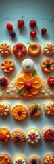 A symphony of precisely placed artisanal pastries and fruits, creating a visually captivating geometric landscape,  pastries,  colorful